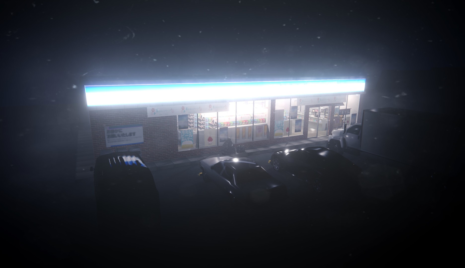 The convenience store glows above a dark parking area at night.