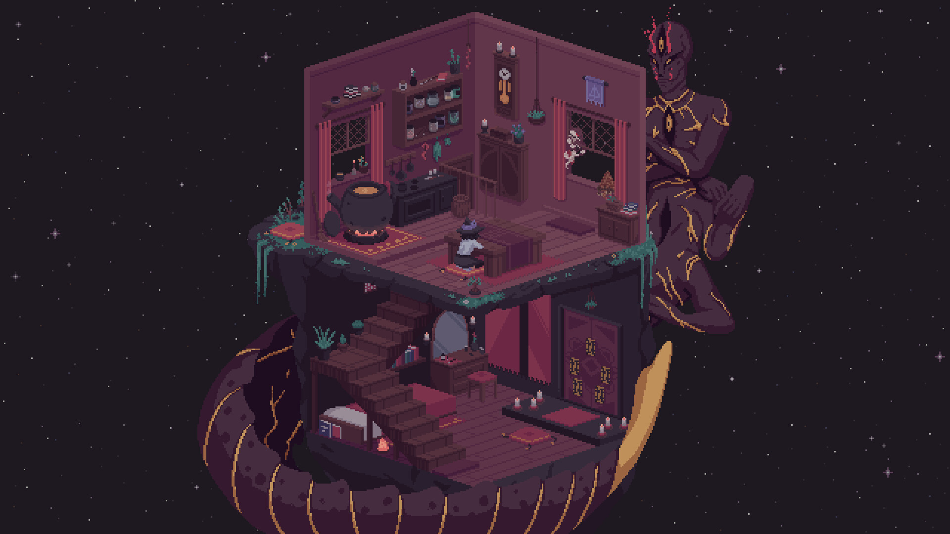 Fortuna’s home sits on a small asteroid beneath a star-filled sky.