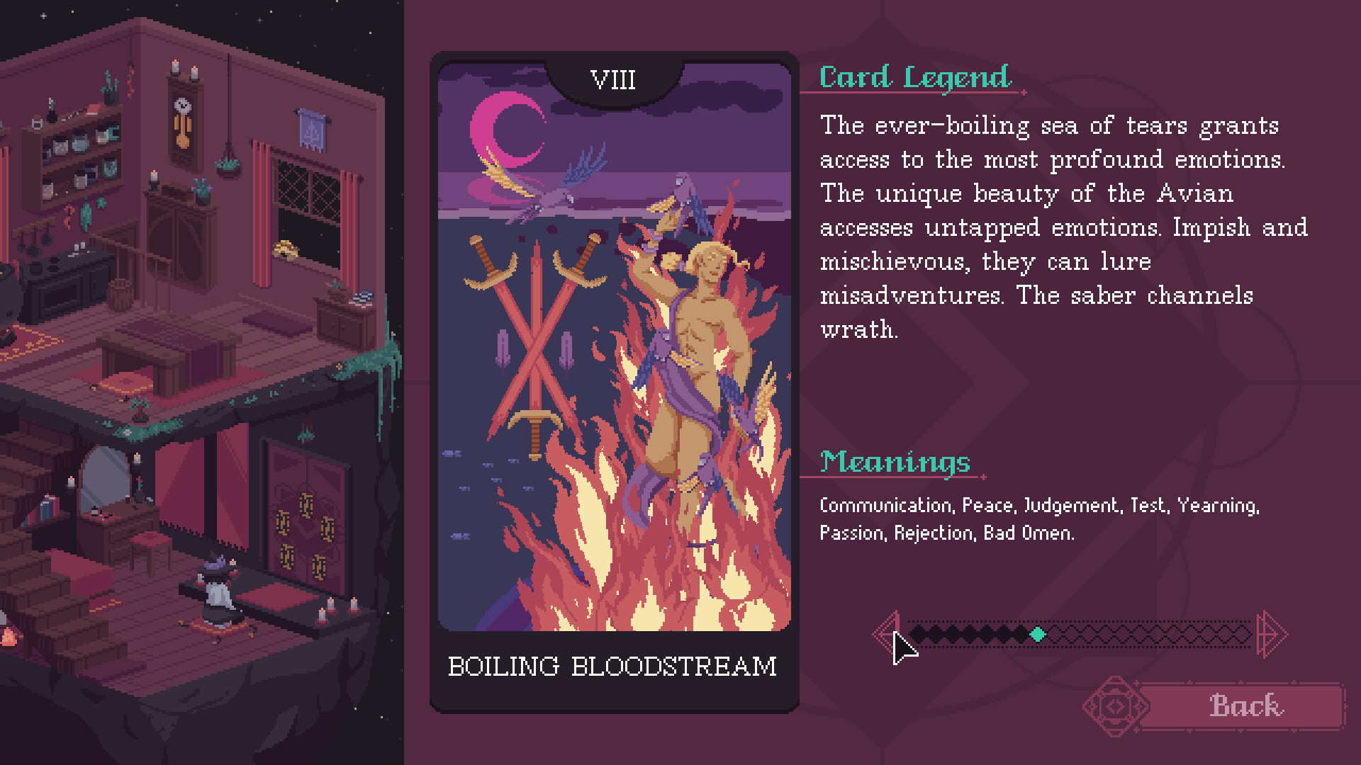 A designed divination card and its legend appear beside Fortuna’s room.
