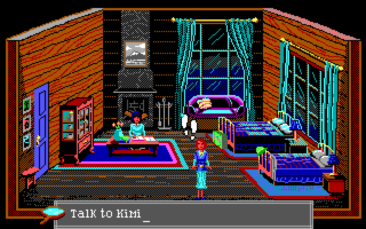 Nancy examines a guest room using the text-command interface.