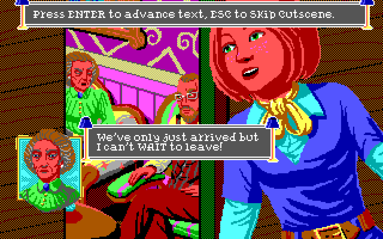 A close-up dialogue scene shows the EGA-style character art.