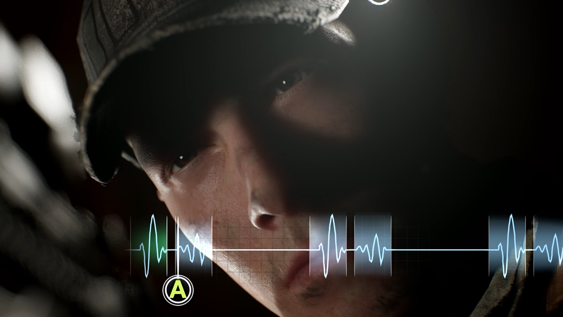 A soldier faces a timed heartbeat prompt in darkness.