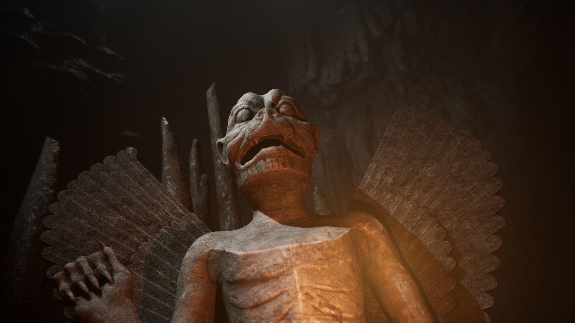 A stone statue stands within a cavernous chamber.