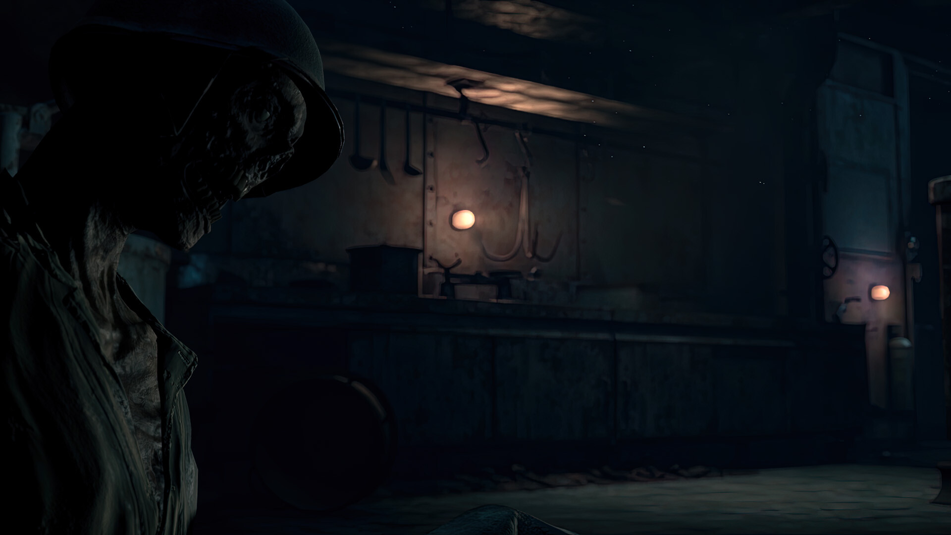 A shadowed figure stands inside a dim ship interior.