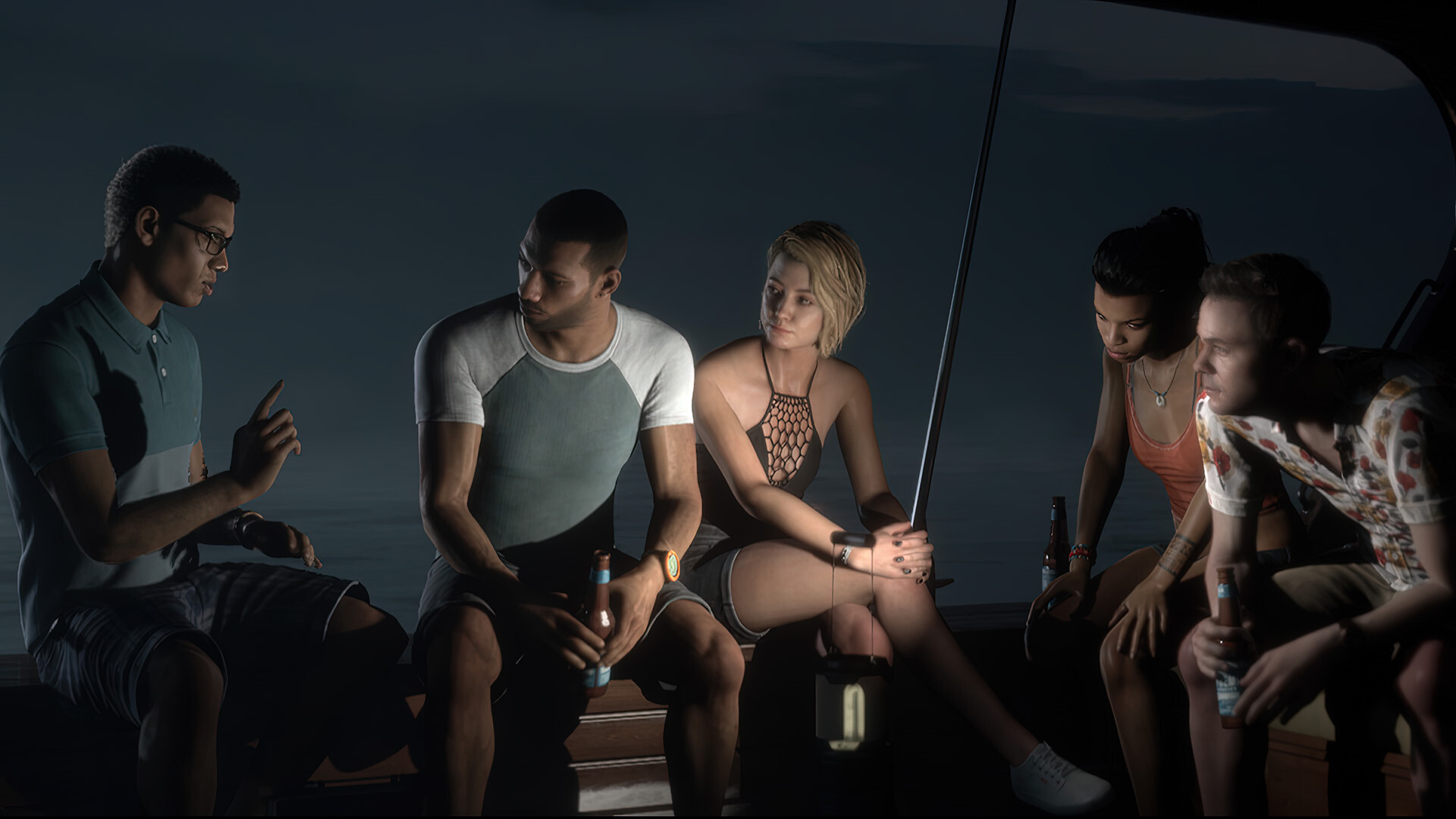 Five friends talk together aboard a boat.