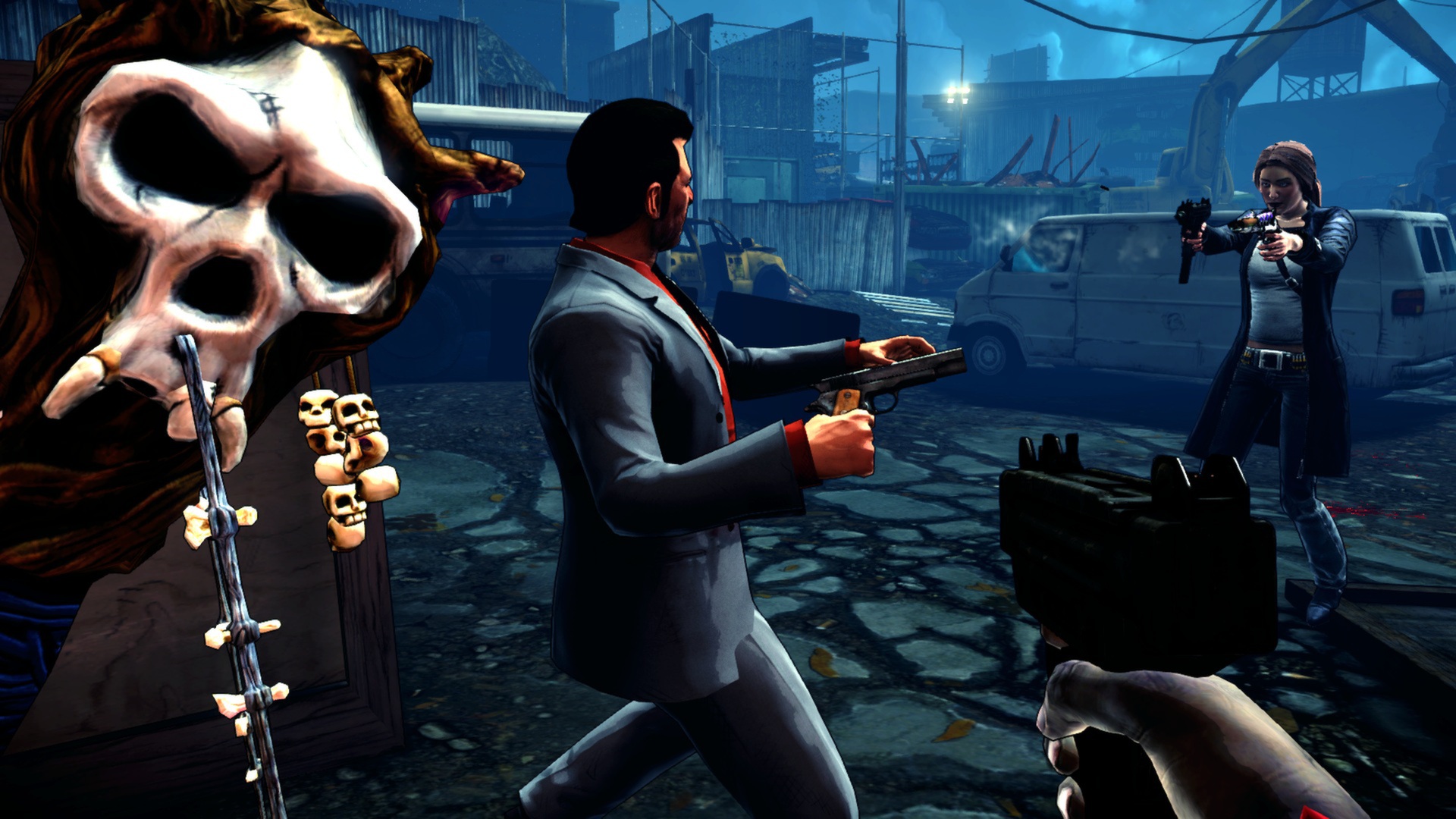 Jackie faces an armed woman on a city street.