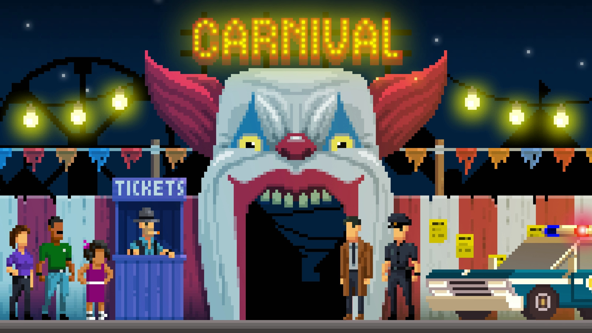 McQueen and Dooley stand beside a police car outside a carnival clown entrance.