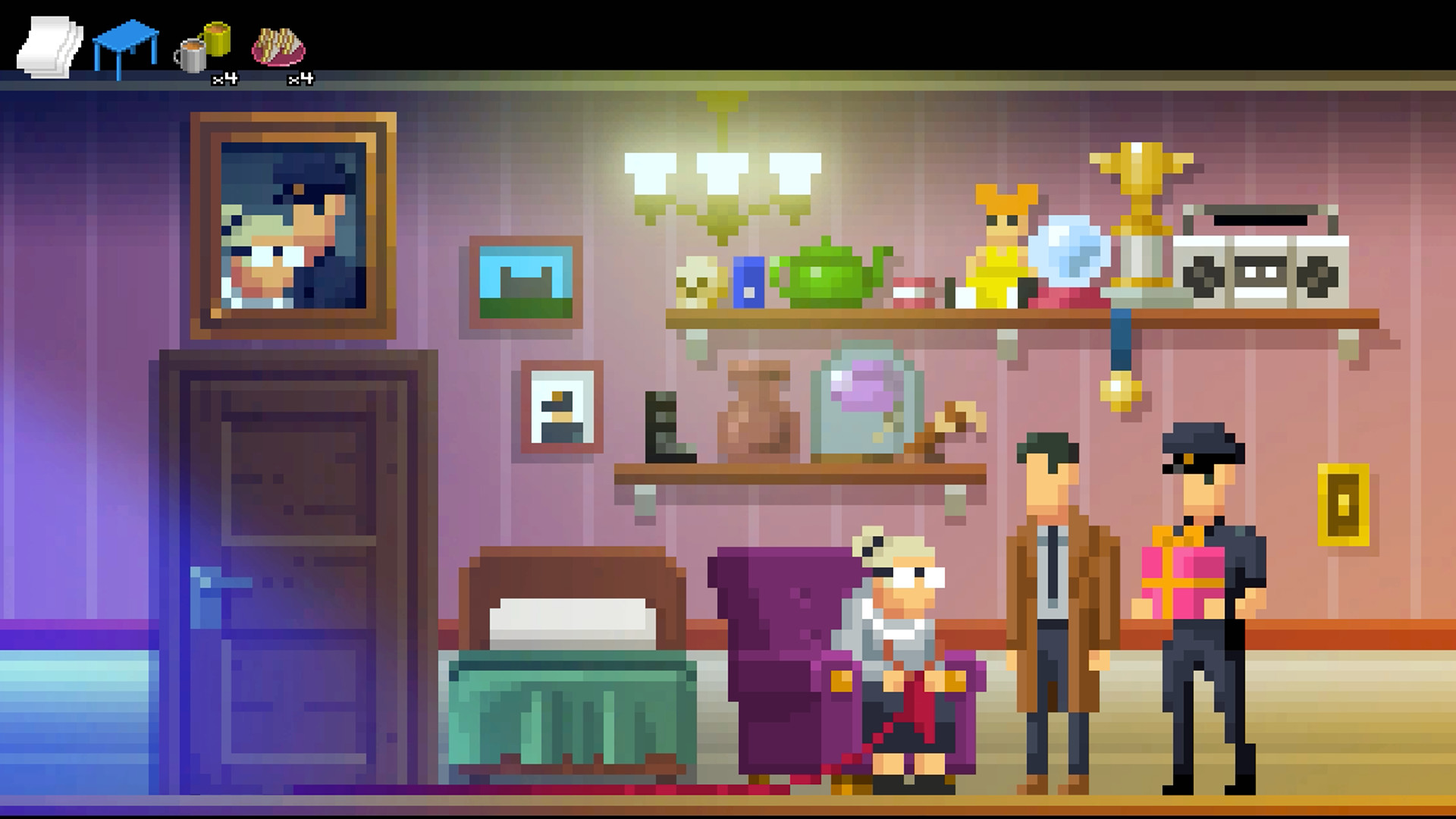 McQueen and Dooley question a seated resident in a cluttered room.
