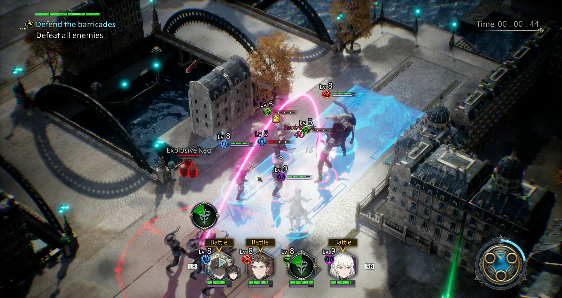 A squad defends barricades outside a town.