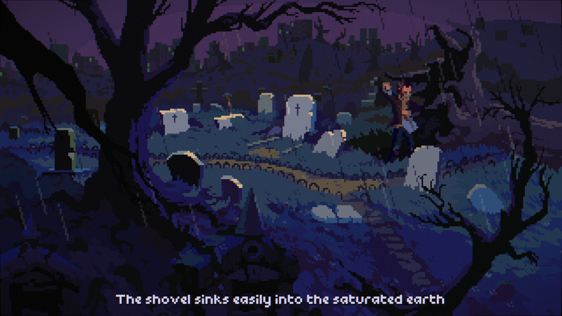 A lone figure stands near graves beneath a dark sky.