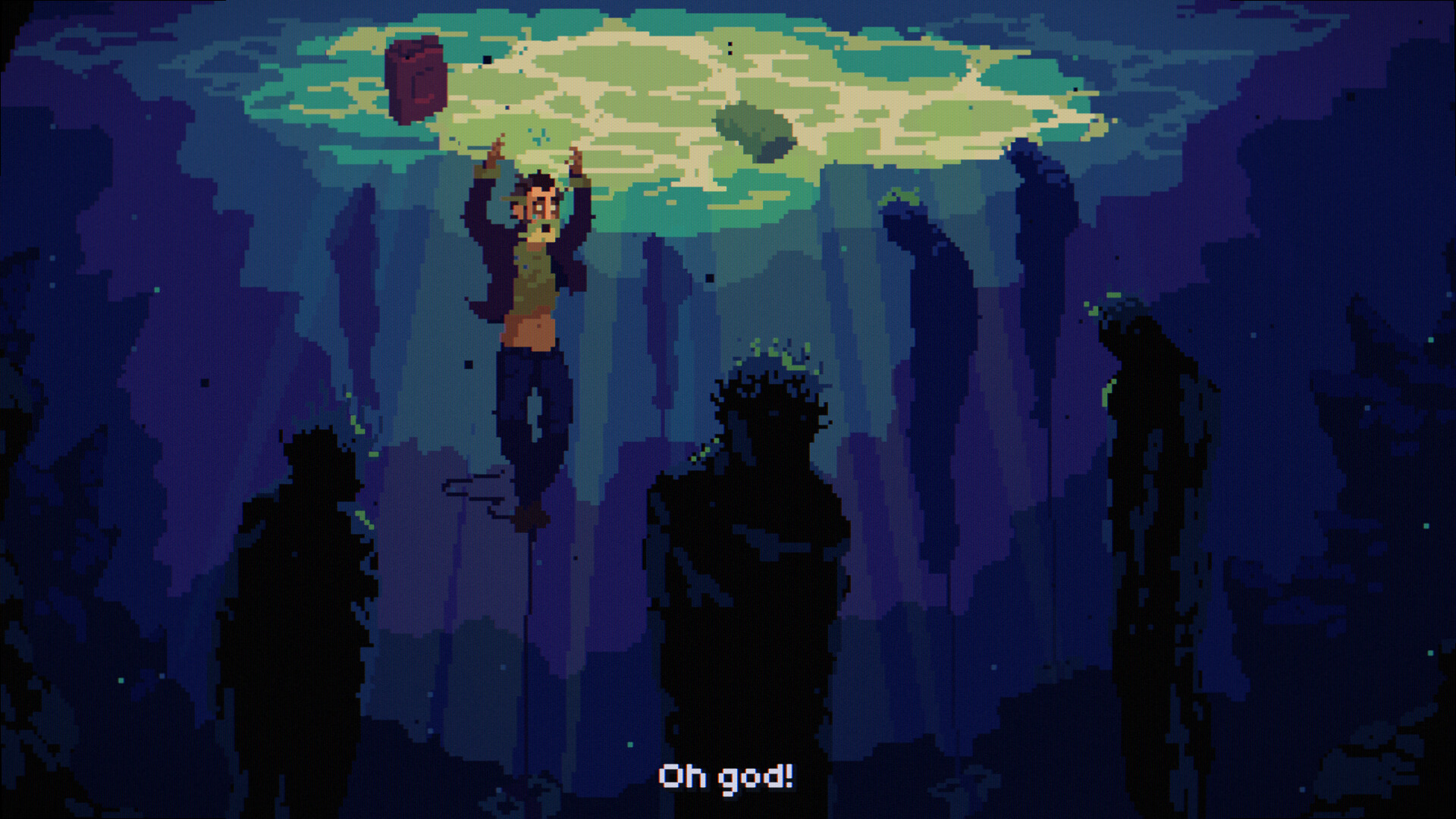 A character hangs from a cliff edge over water.