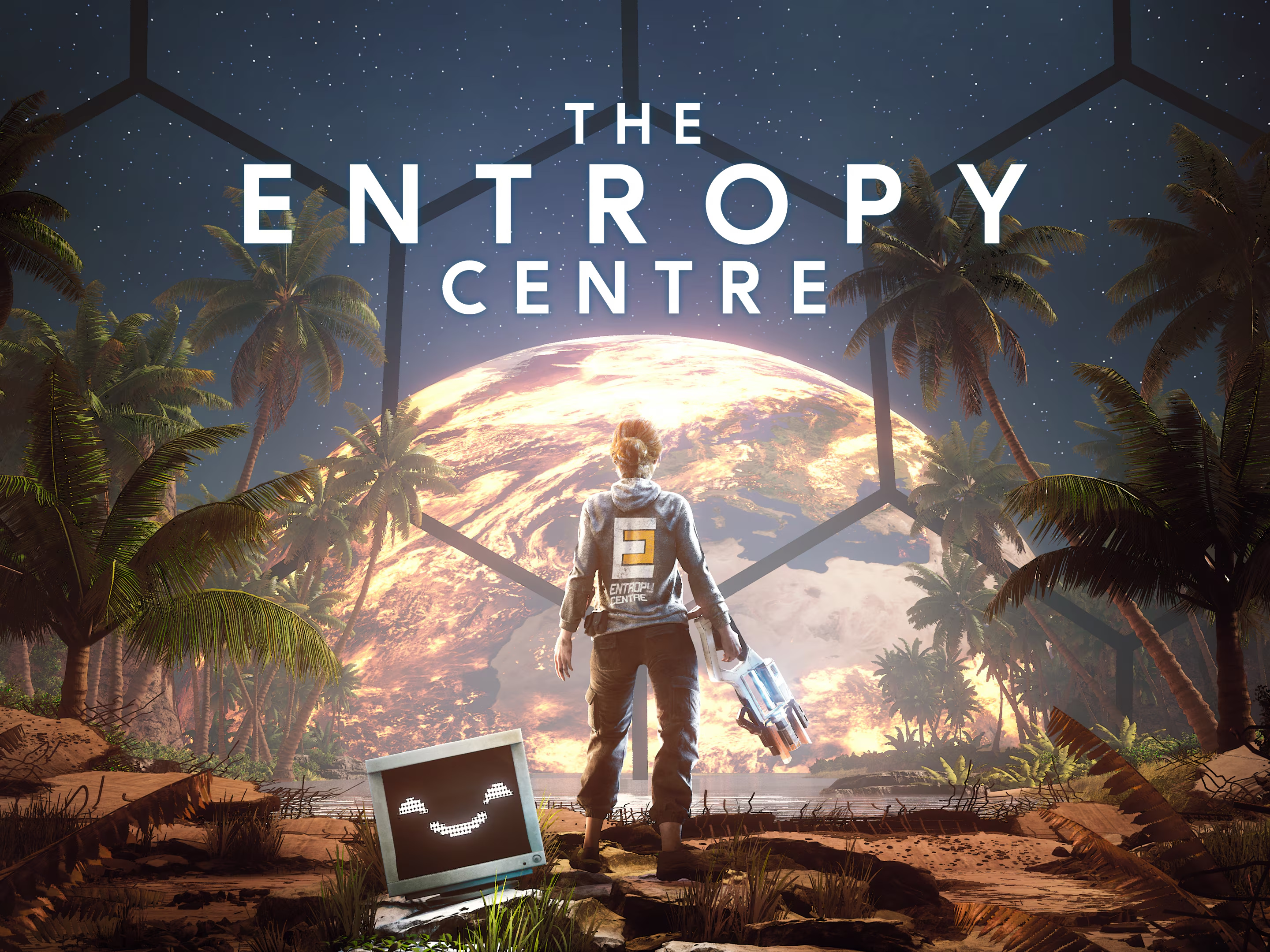 Aria and the Entropy Centre overlooking Earth in official game art.