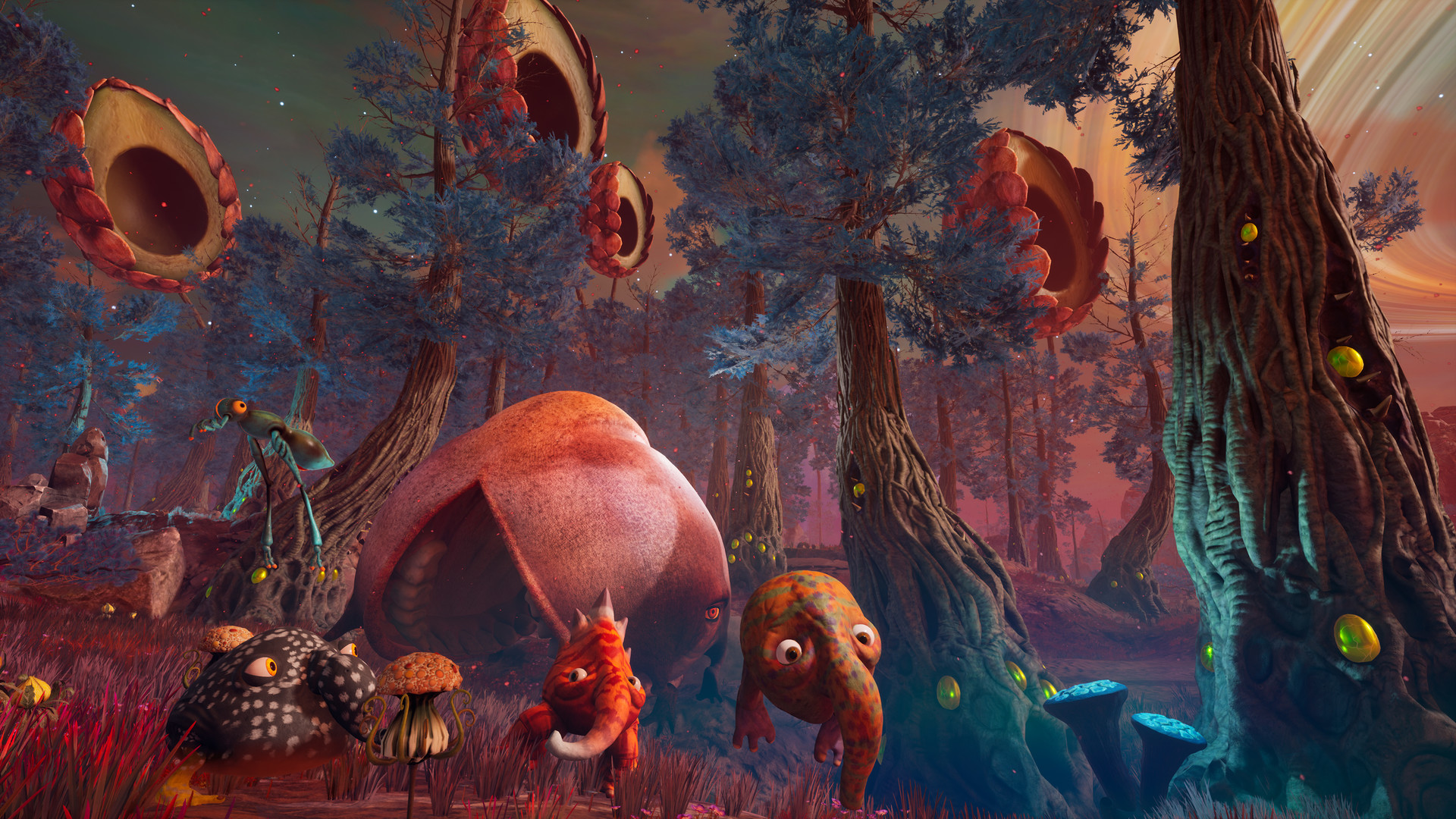 A group of mutated Trebhum stands among blue trees and giant hollow plants.