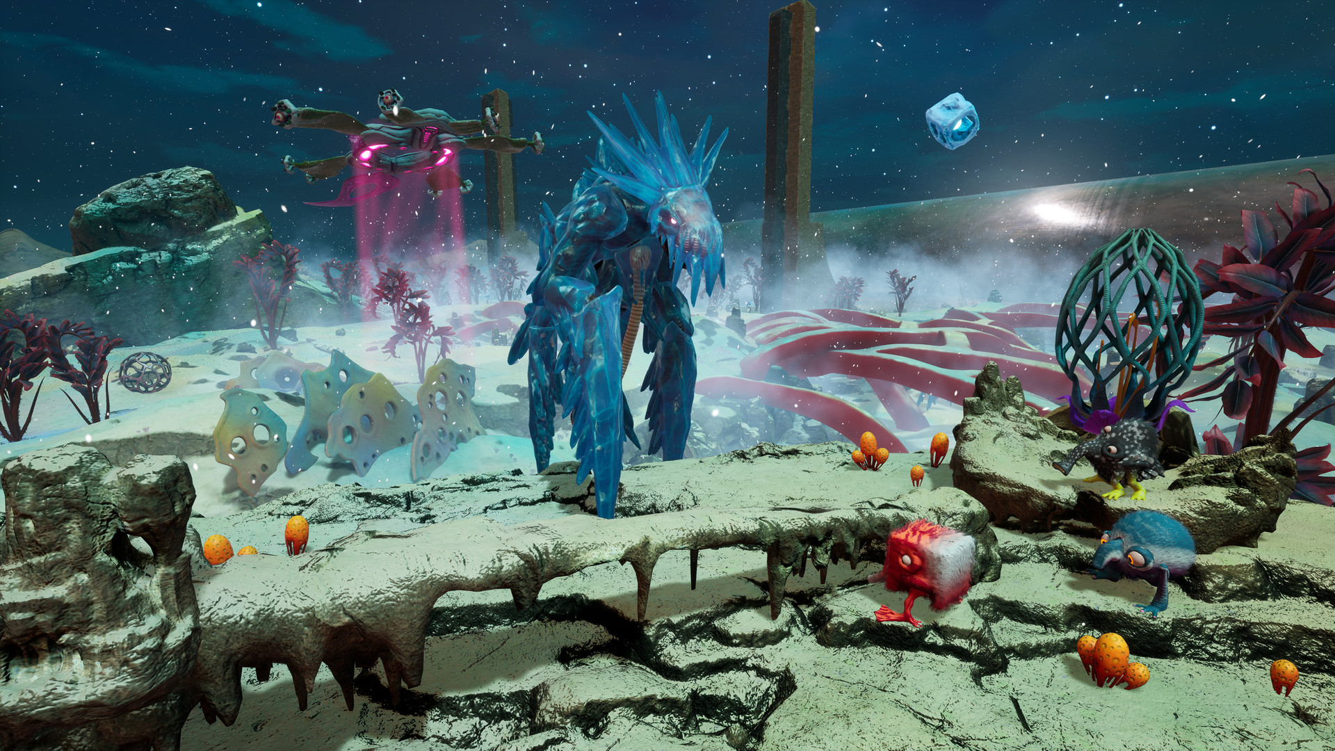 Trebhum cross a snowy alien landscape near a tall blue creature.