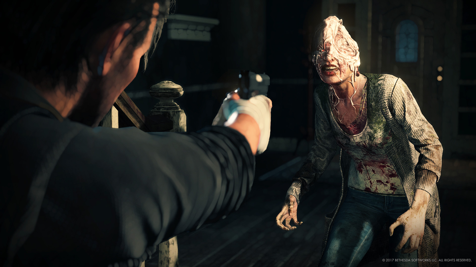 Sebastian aims at a disfigured attacker in a dark room.