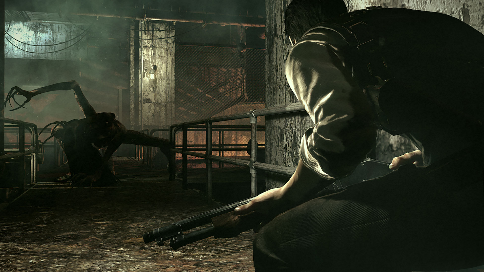 Sebastian crouches with a firearm as a creature lurks ahead.