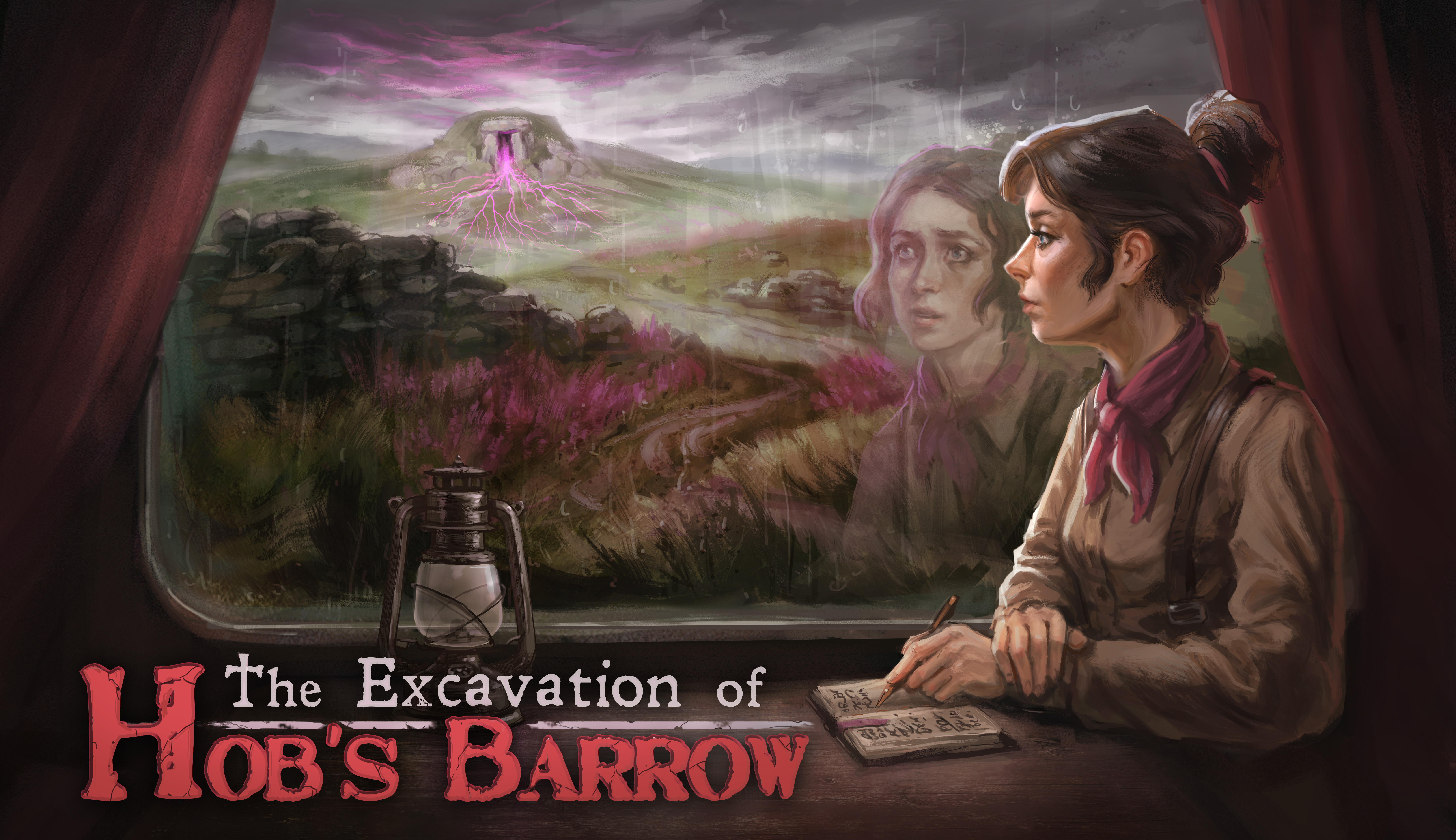 Thomasina writes beside a window looking toward Hob's Barrow under a stormy sky.