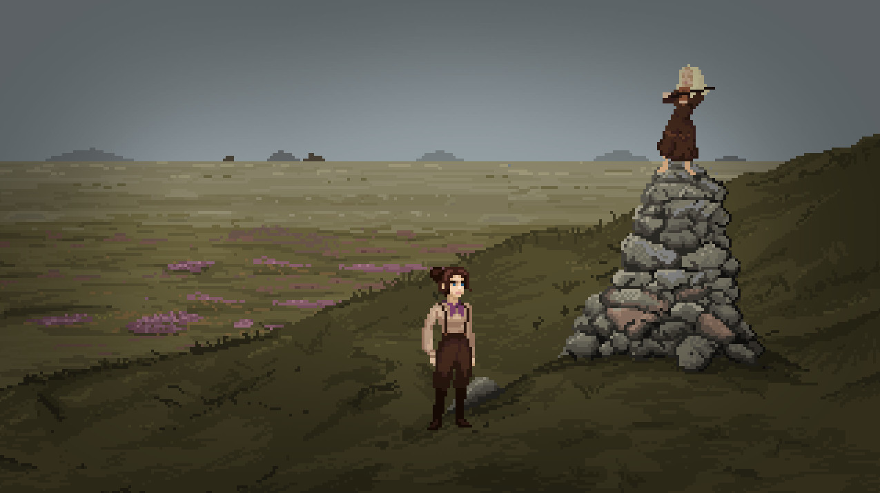 Thomasina stands beside a stone cairn in the Yorkshire countryside.
