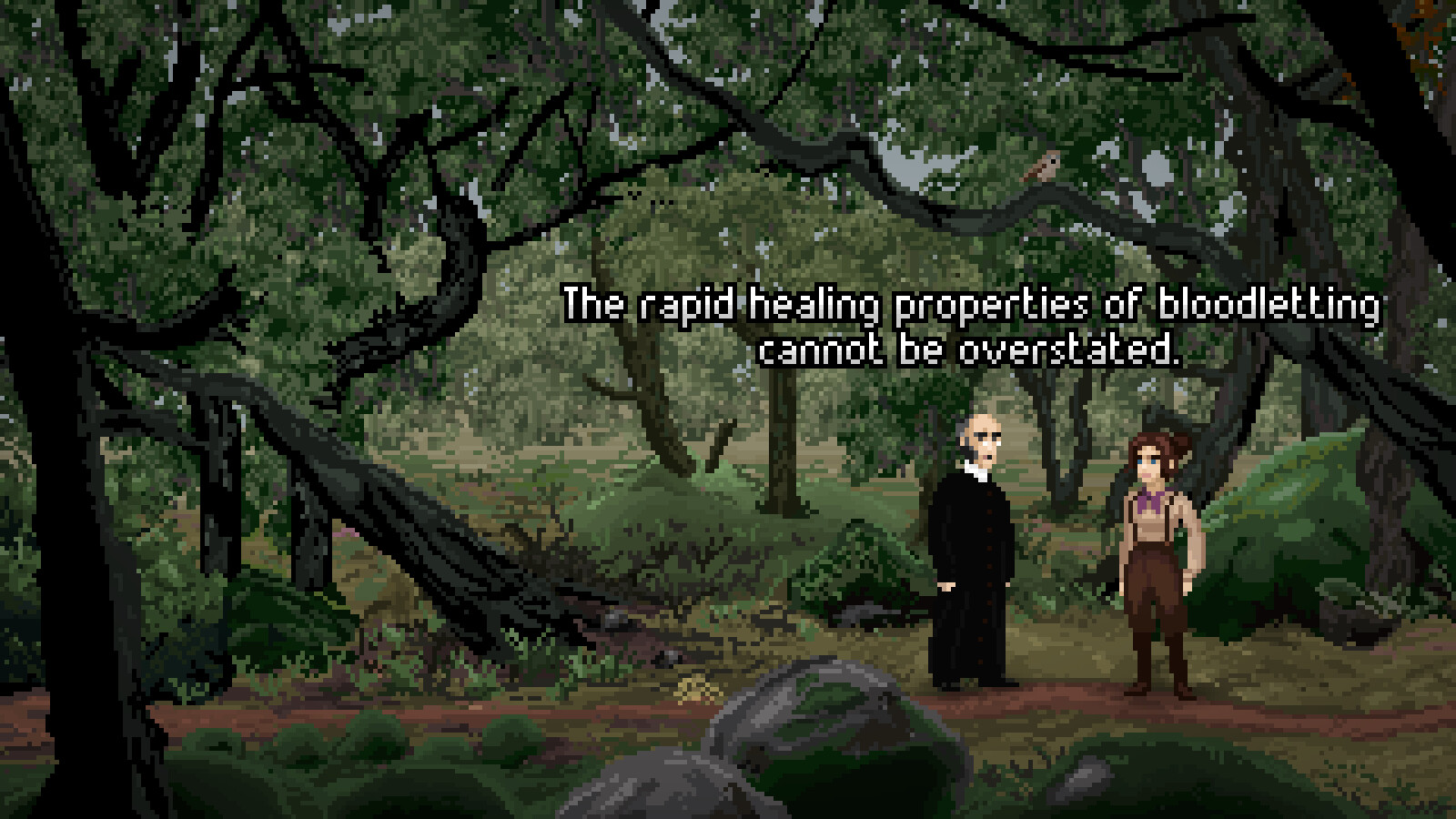 Thomasina speaks with the vicar in a wooded scene.