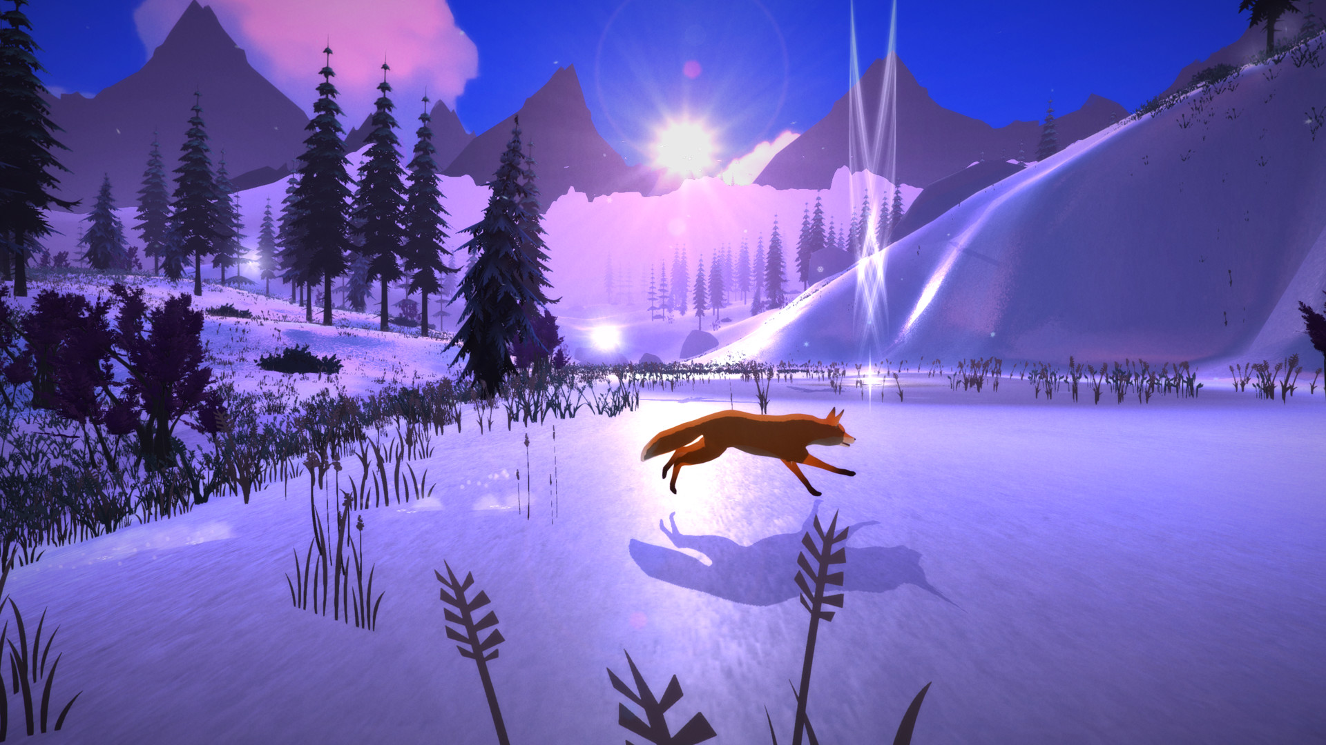 A fox runs through a snow-covered forest beneath a violet sky.