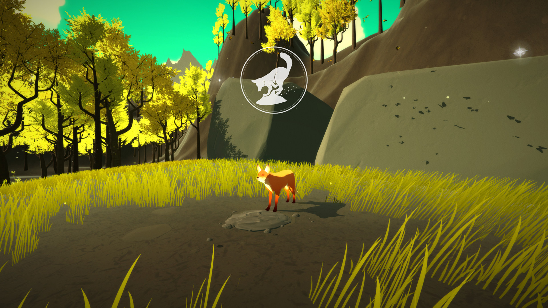A fox stands near a glowing symbol in a yellow autumn forest.