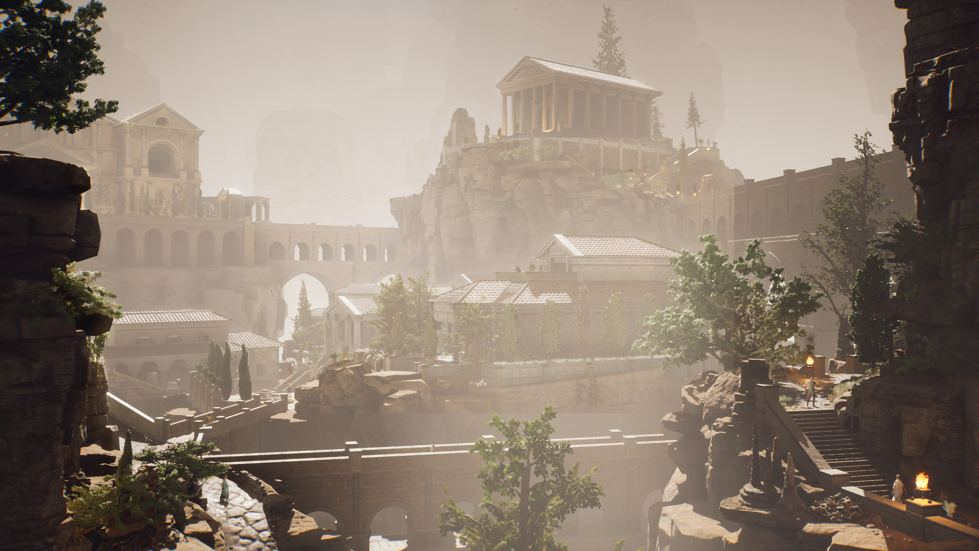 Stone bridges and temples overlook the ancient city.