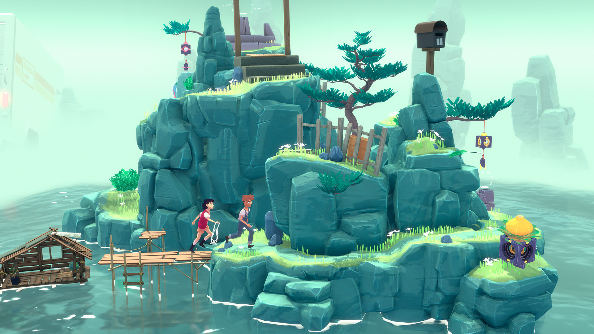 Arina and Frendt run beside rocky terraces on a small island.