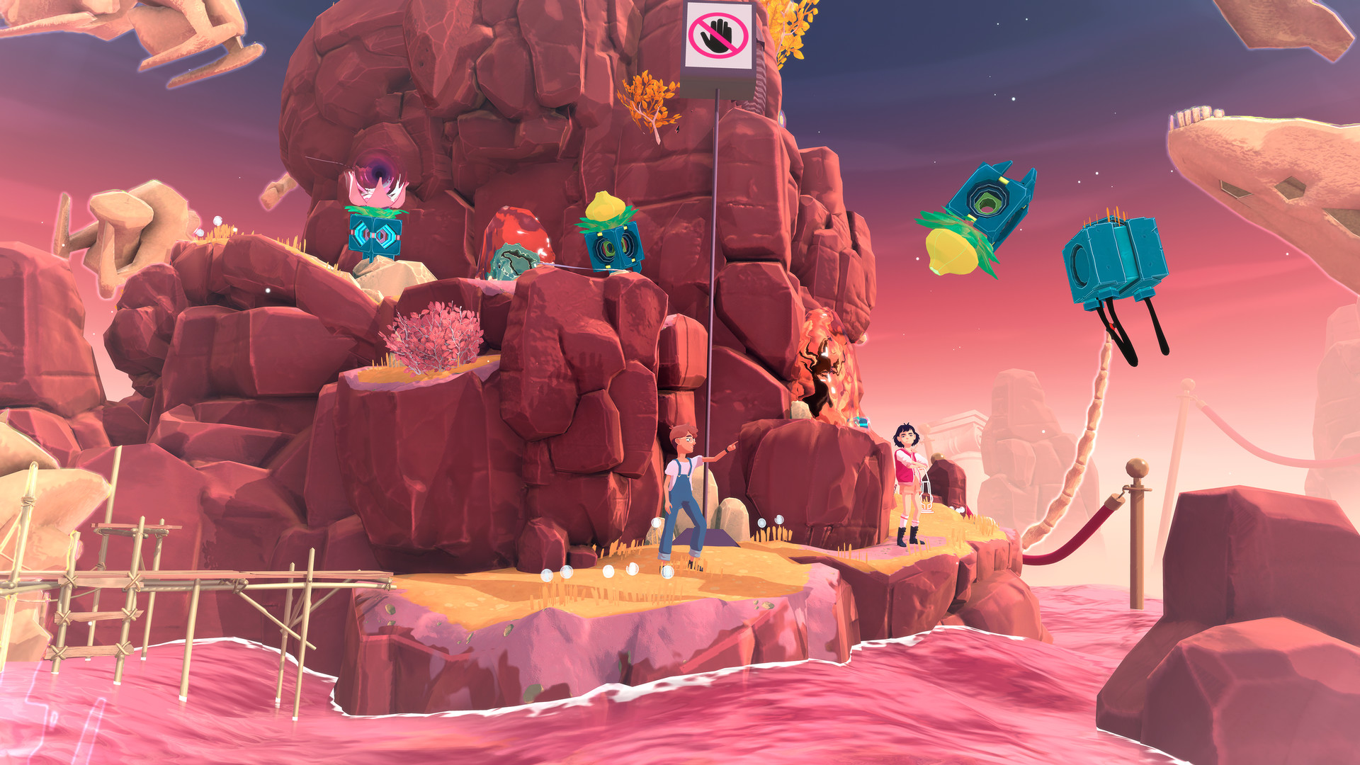 Arina and Frendt stand by a rocky shore beneath floating lantern-like mechanisms.