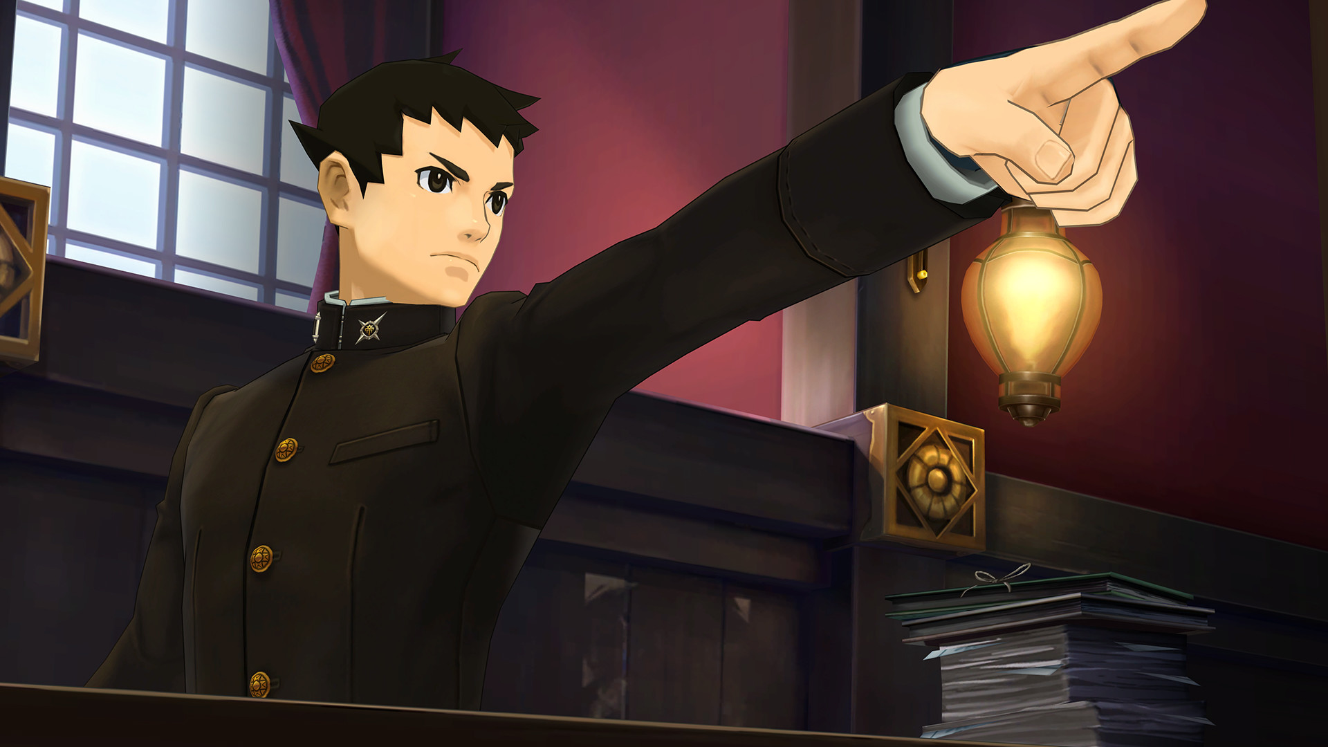 Ryunosuke points across the courtroom during a trial.