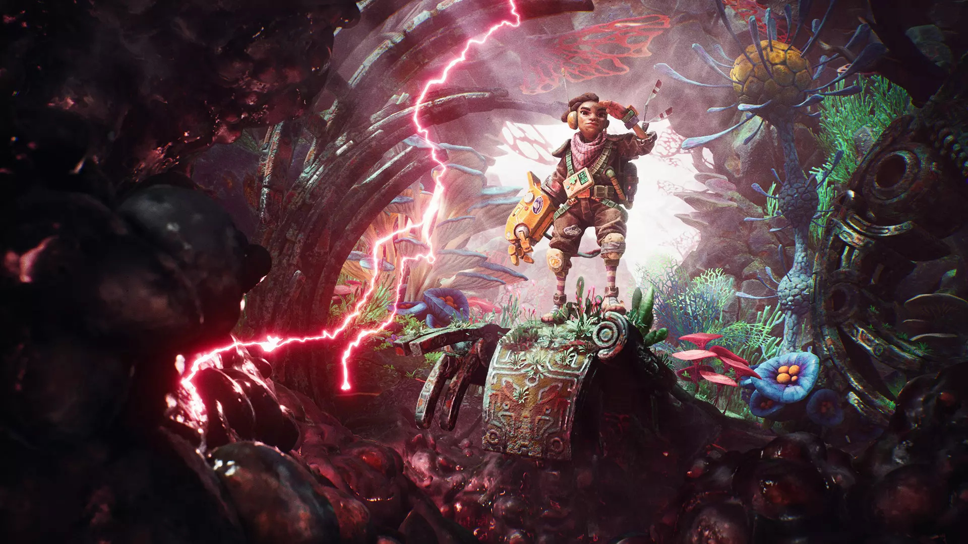Rani stands in an alien jungle wearing the Power Glove as corruption creeps around her.