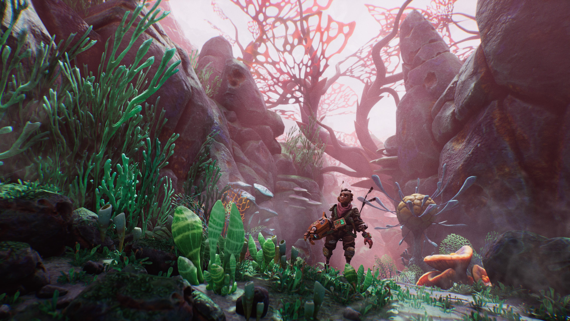 Rani explores an alien jungle among tall plants and stone formations.