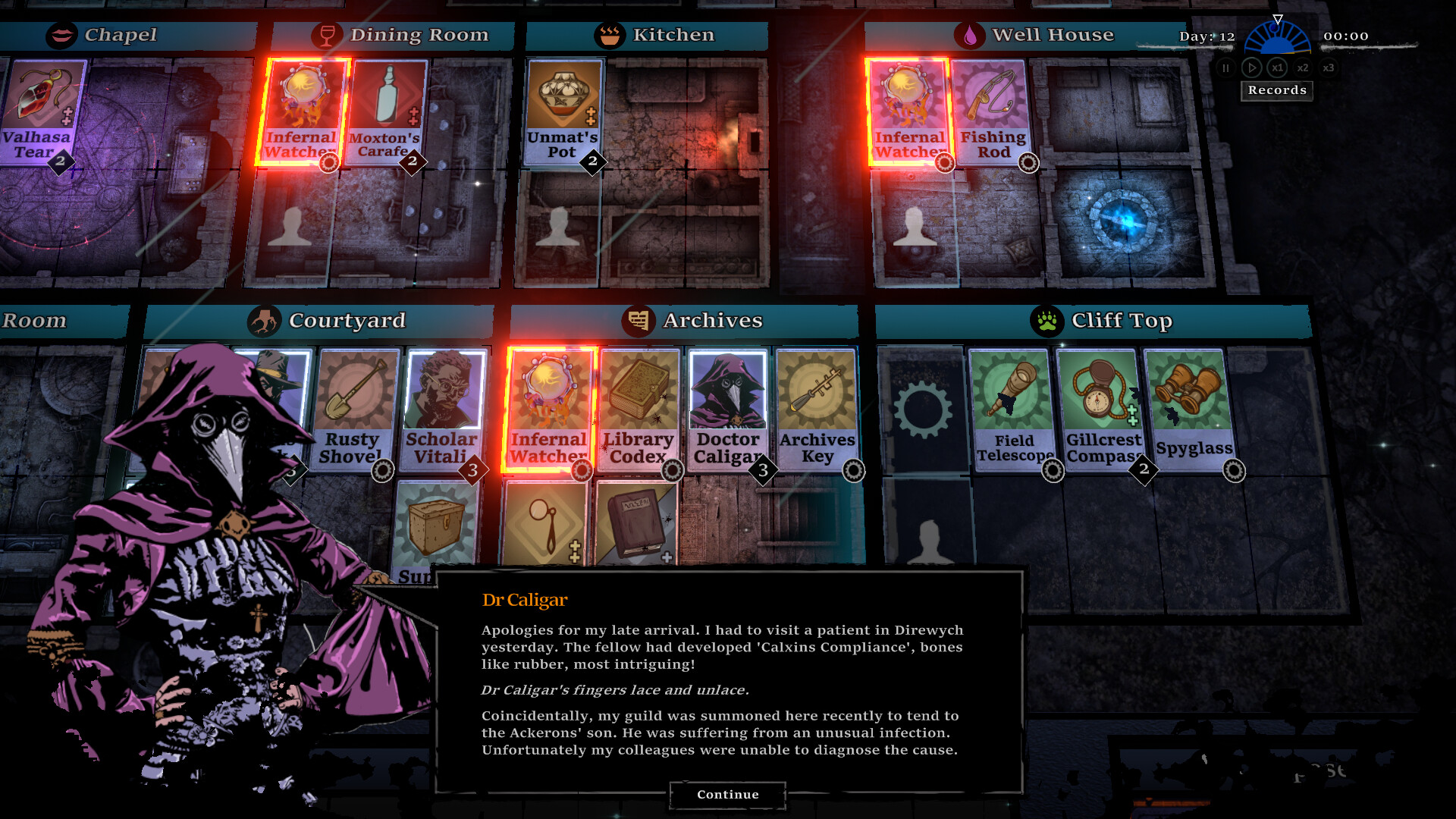 Dr Caligar appears beside a mansion board filled with rooms and cards.
