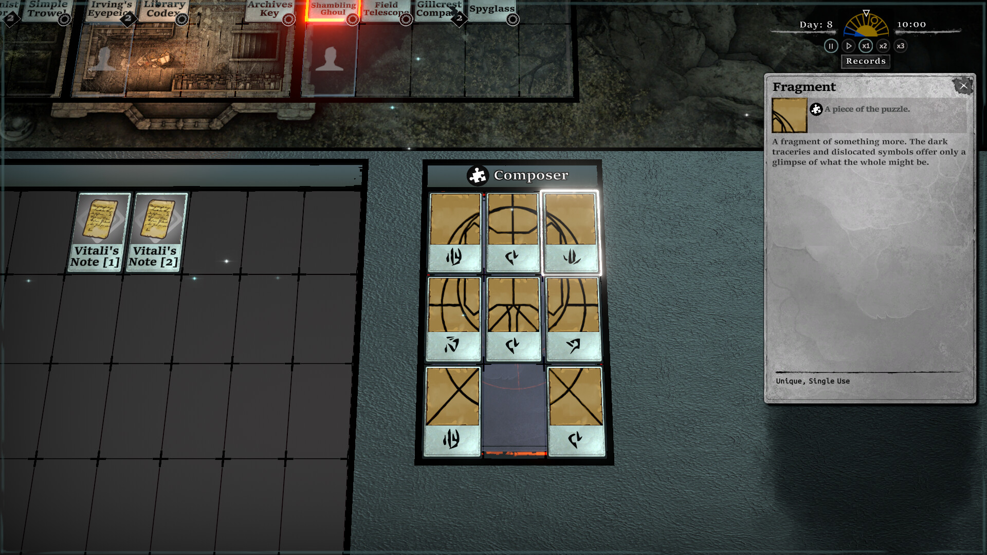 A crafting grid and item card sit beside the mansion floor plan.