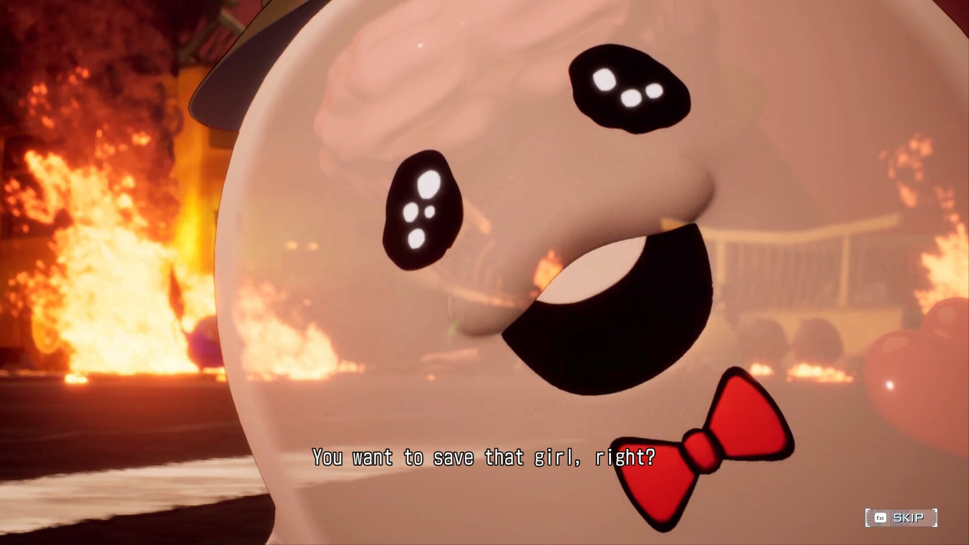 A large smiling character fills a fiery story scene.
