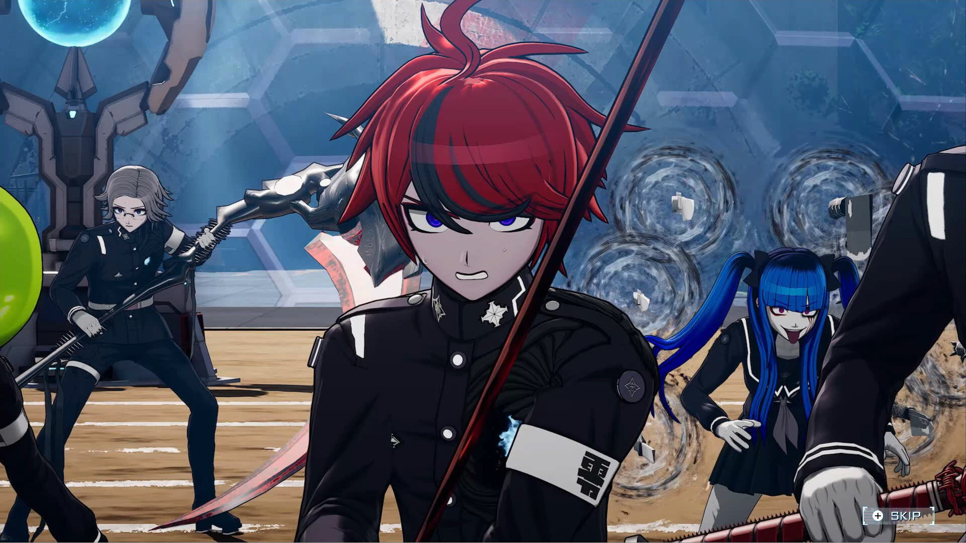 Three students prepare for battle inside the academy.