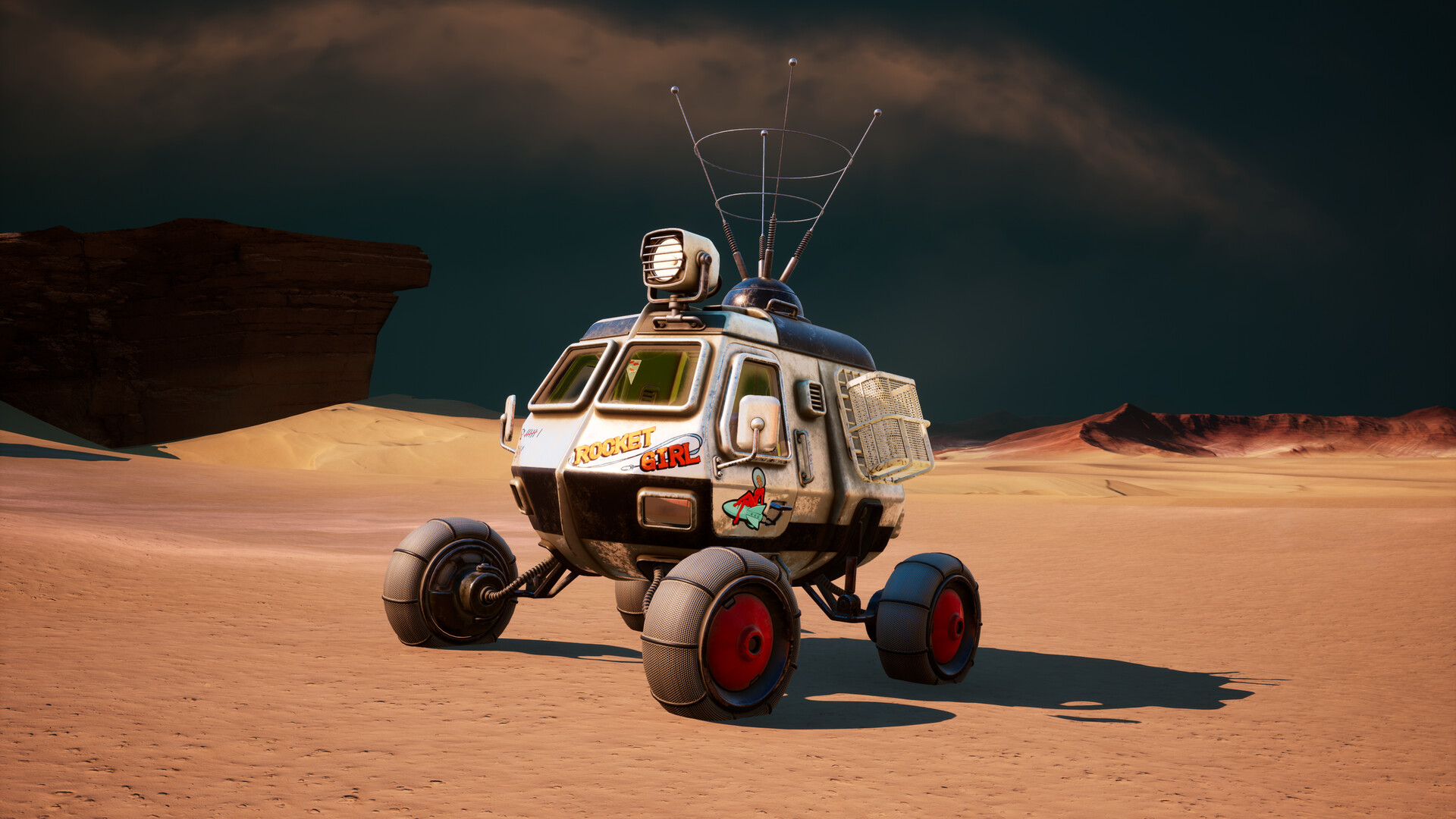 An atompunk rover crosses the desert of Regis III.