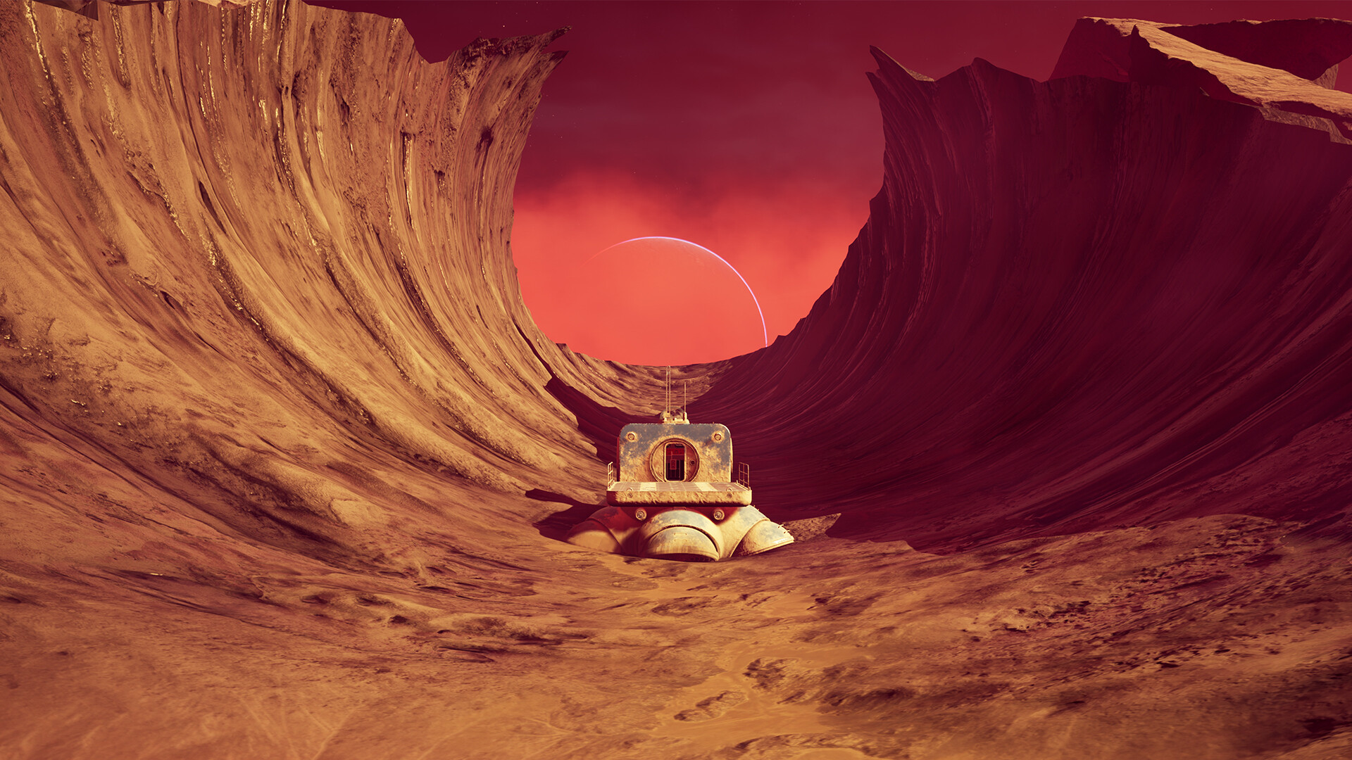 An exploration vehicle stands beneath curved rock formations at sunset.