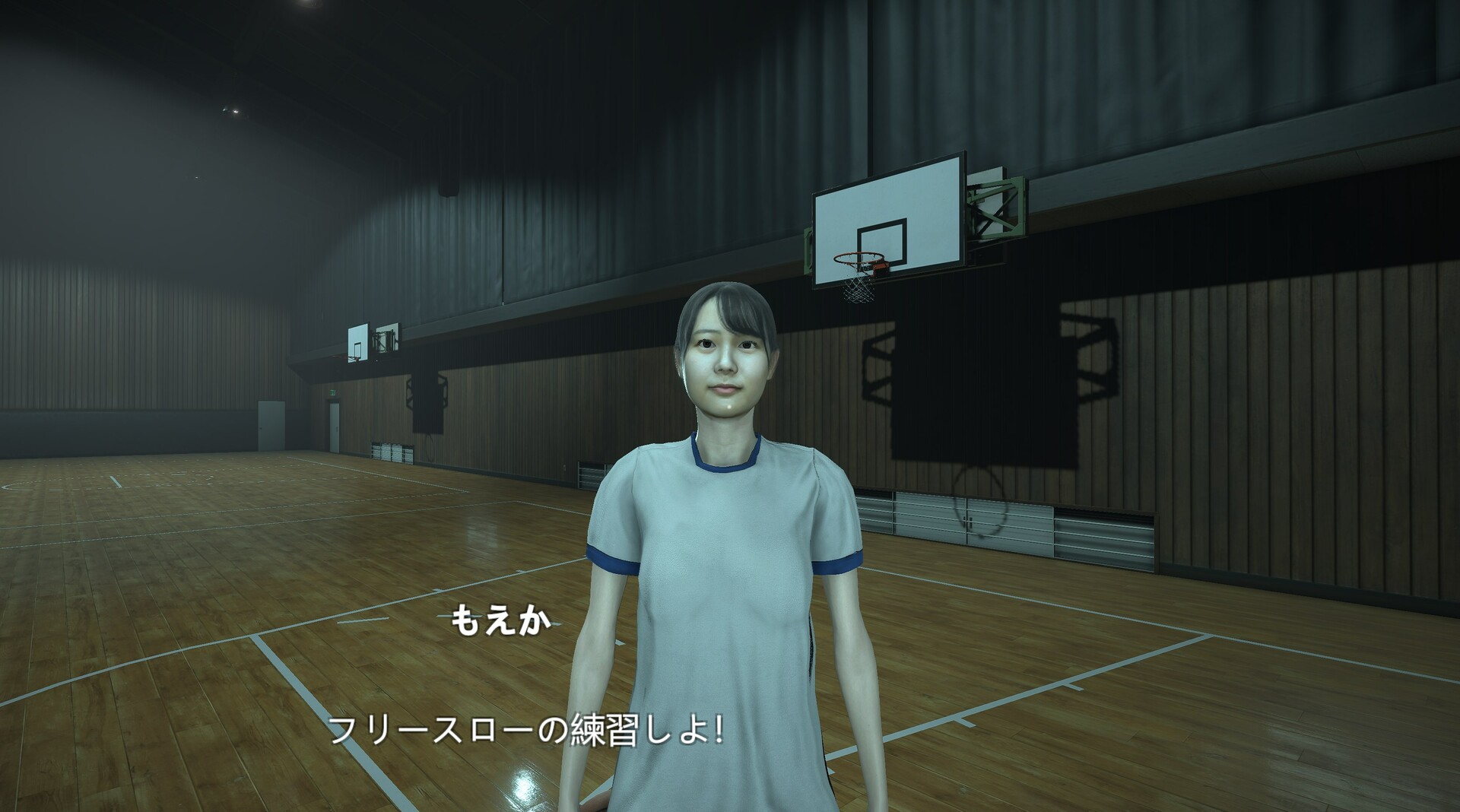 Moeka stands in a school gym after practice.