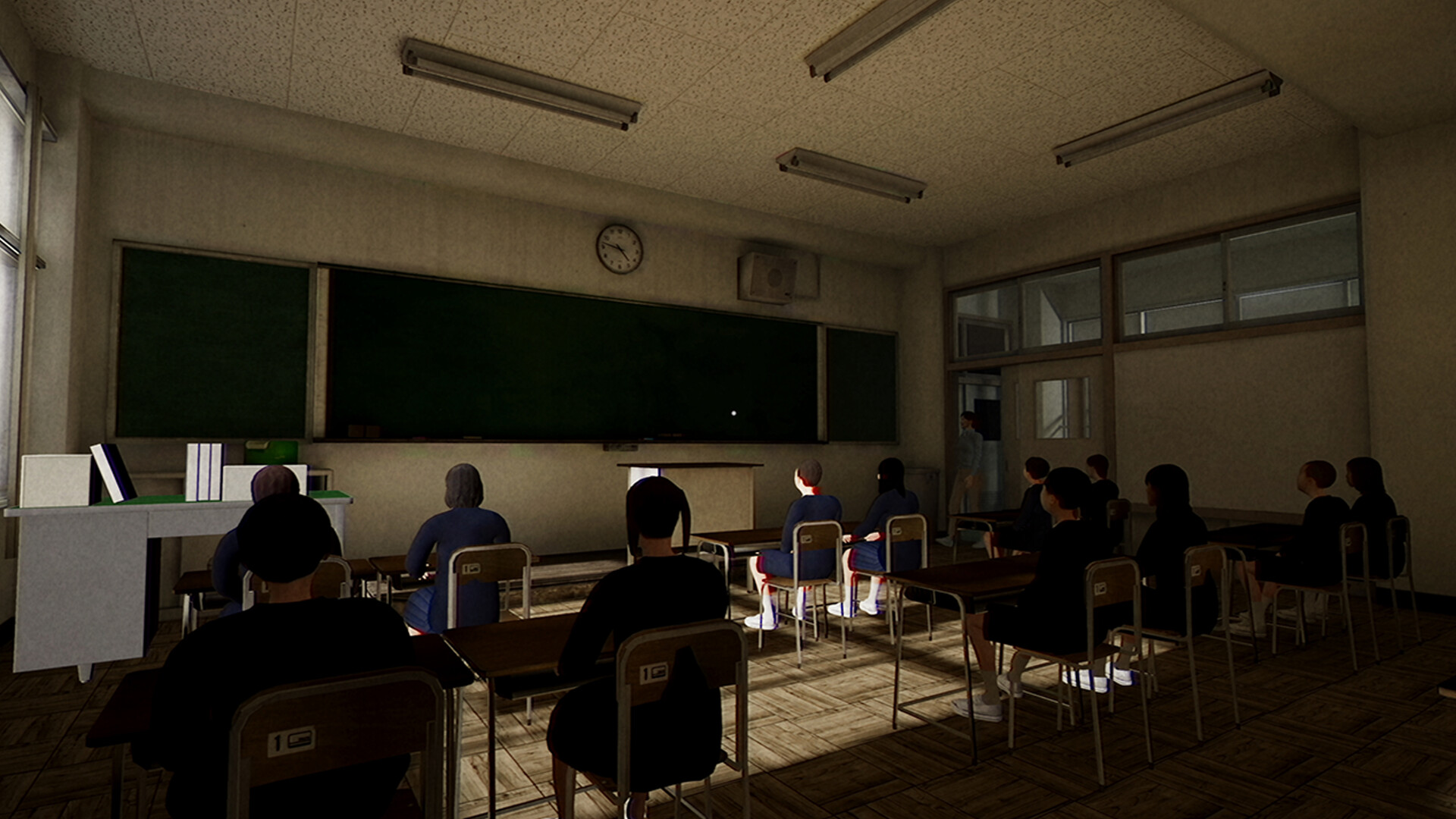 Pupils sit in a Japanese classroom beneath a wall clock.