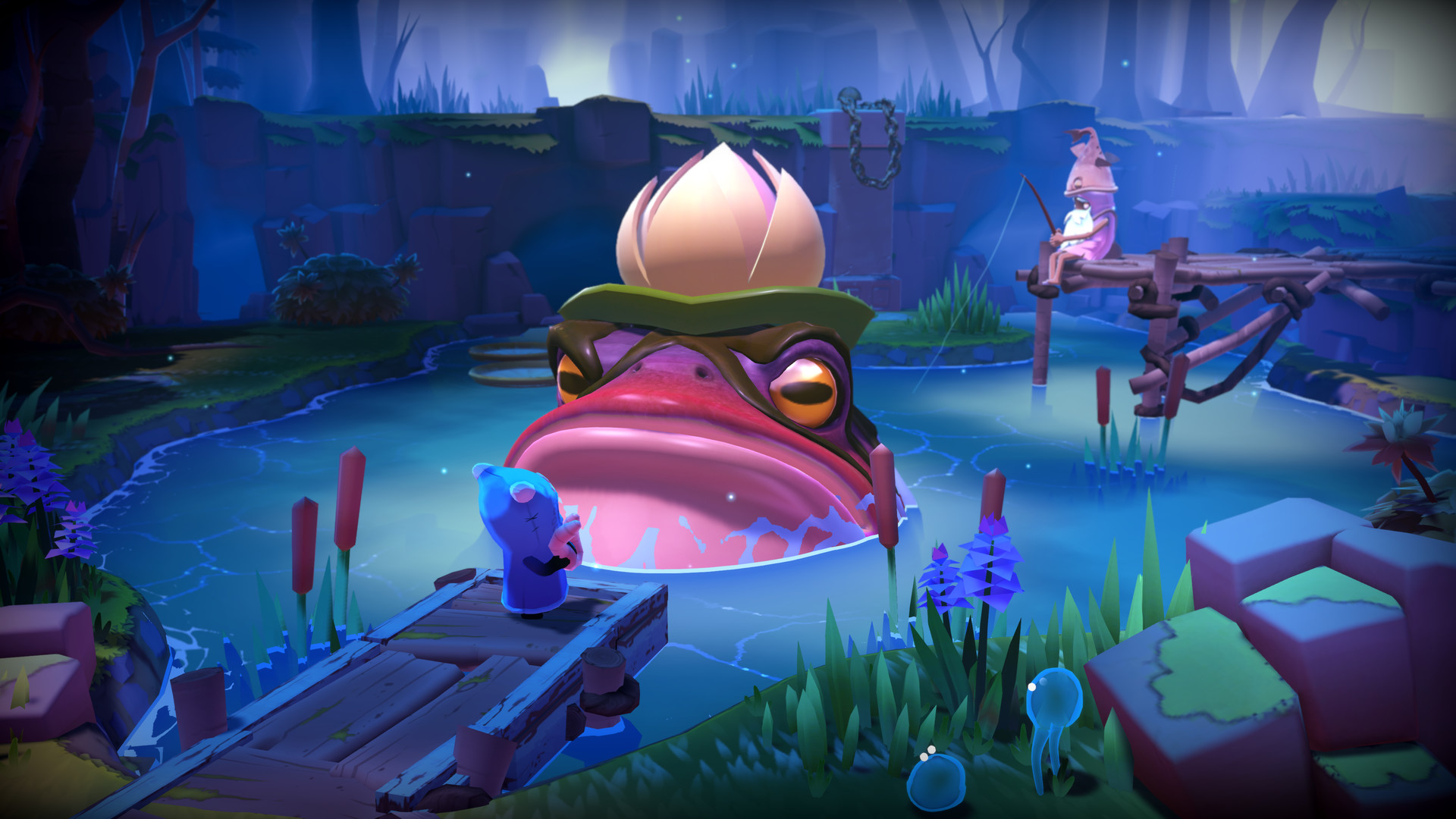An ember encounters a large frog beside a forest pond.