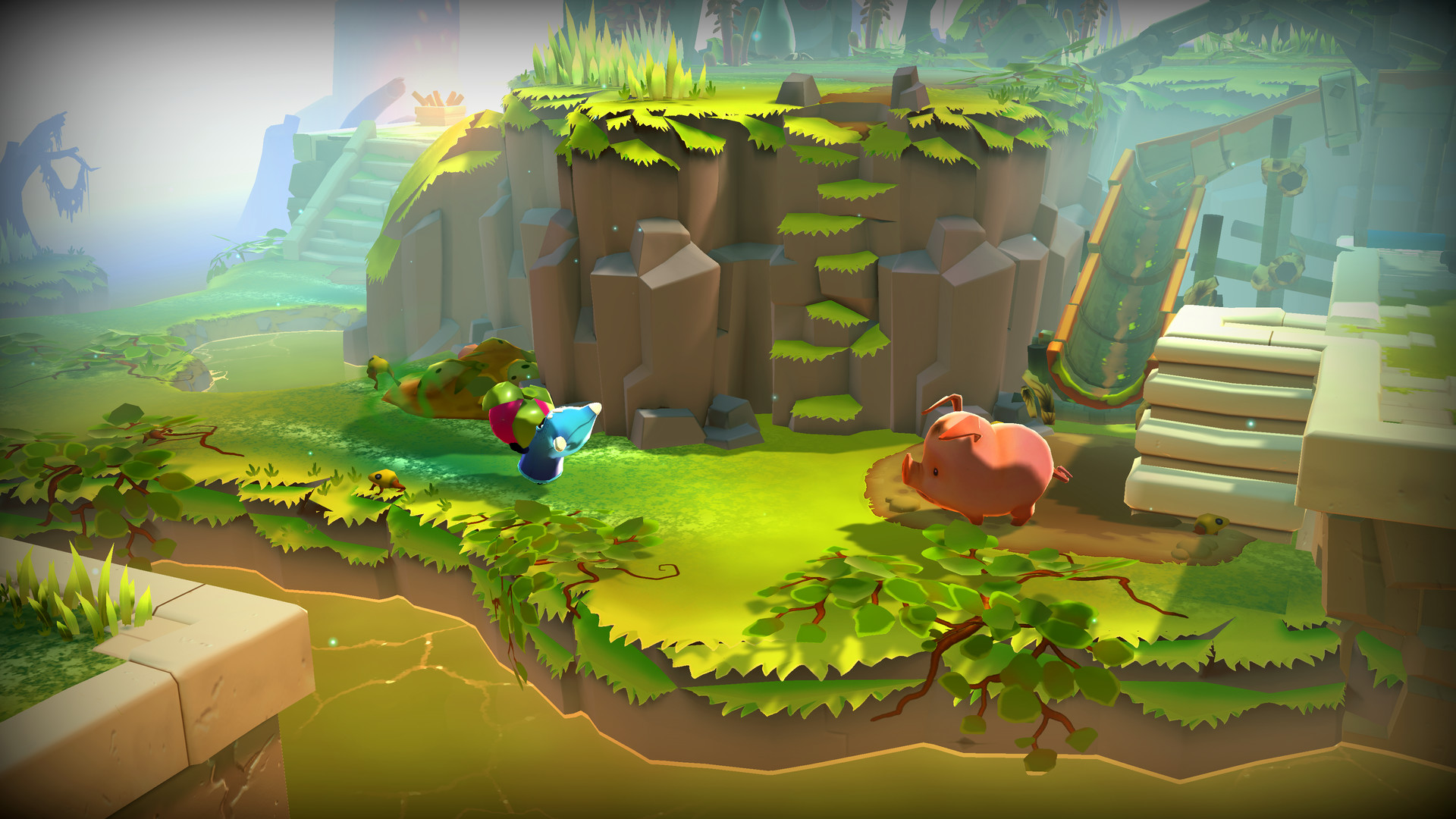 The ember carries an object beside a pig and moss-covered ruins.