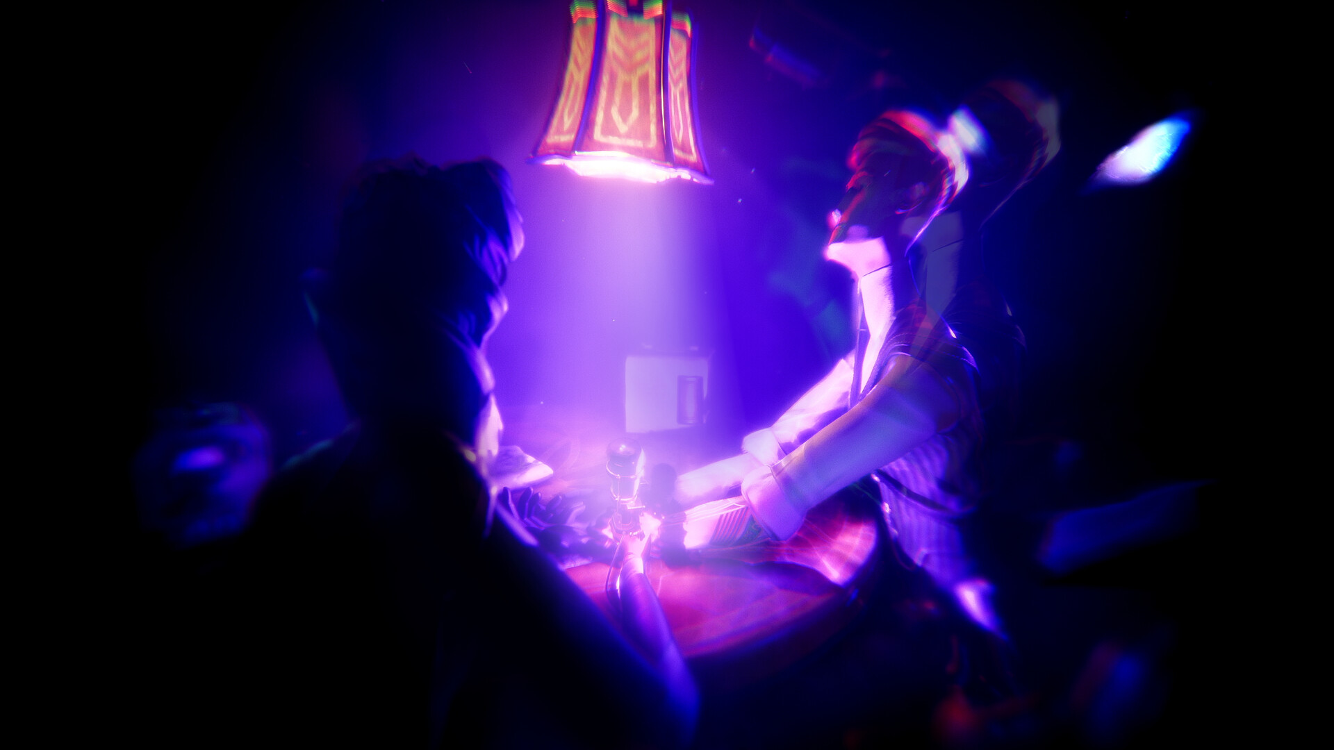 Benedict faces another figure under a bright purple lamp.