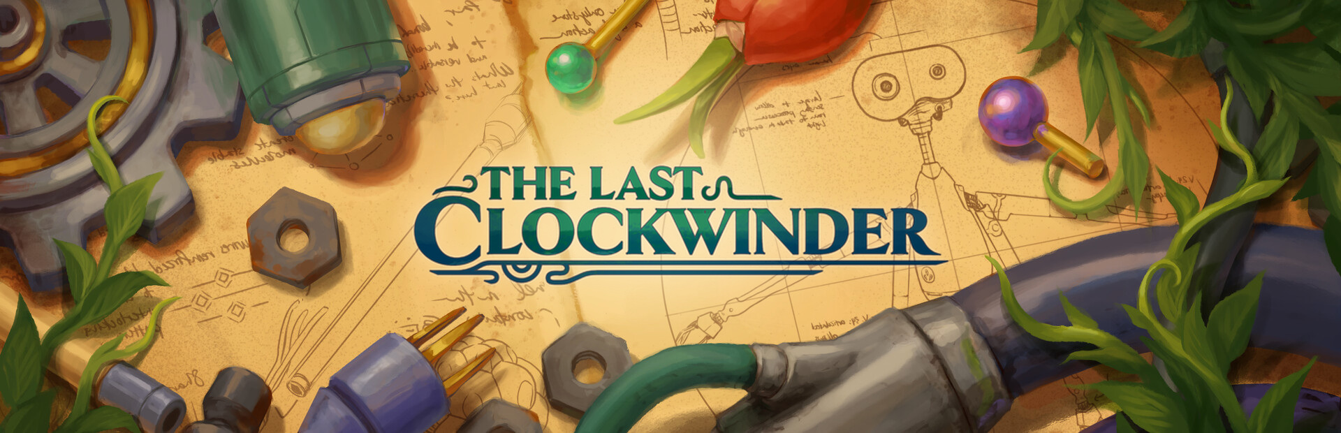 Official Steam library artwork places The Last Clockwinder title over mechanical sketches and tools.