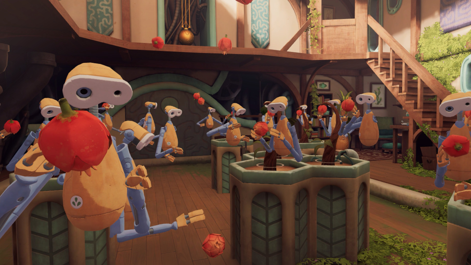 Robot copies work around fruit and machinery inside the Clocktower.