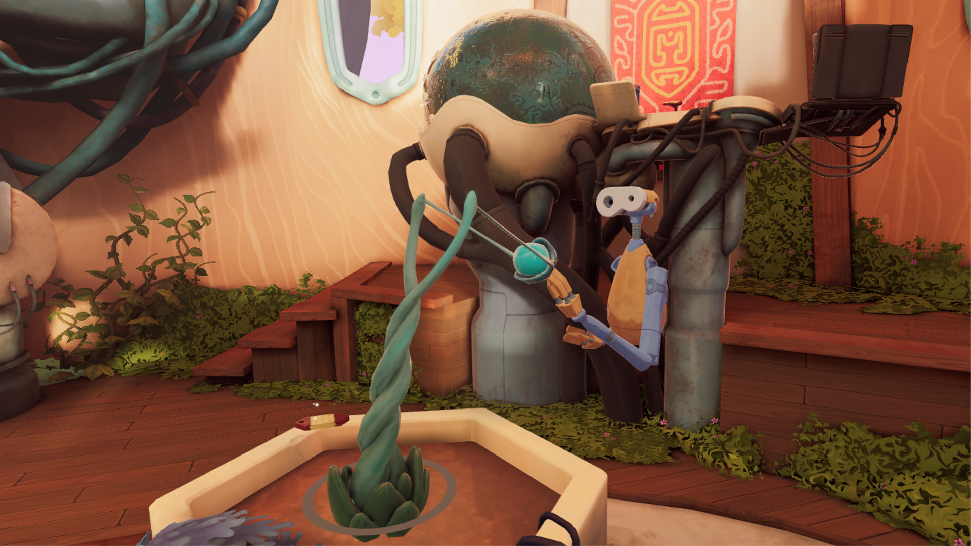 A robot copy tends a vine beside a large mechanical device.