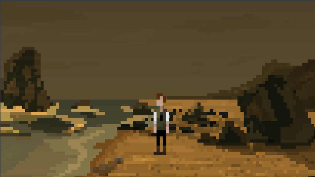 Official Season One Steam scene shows Jeremiah Devitt alone on a desolate shore; native pixel-art source is 1280 × 720.