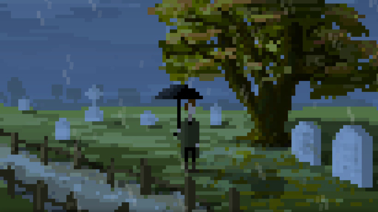 A lone figure crosses a cemetery beneath a broad tree.