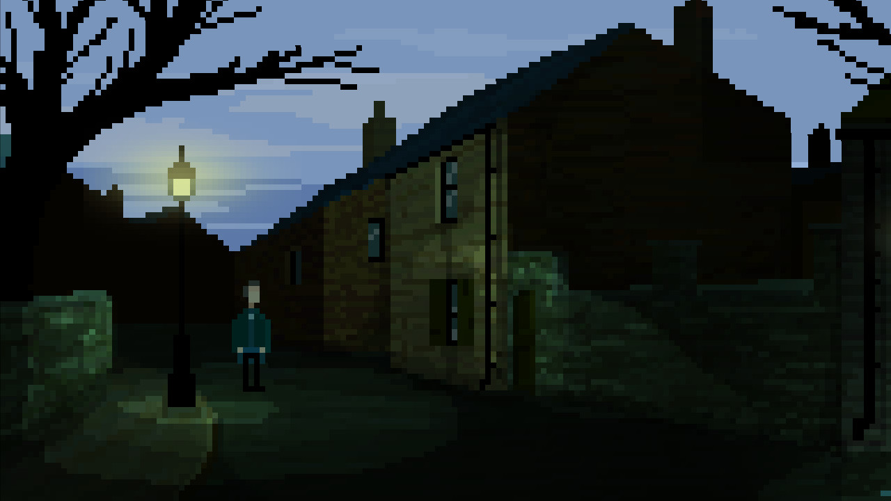 A lone figure approaches a dark house beneath a bare tree.