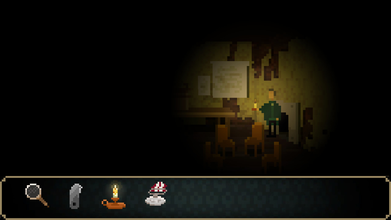 A candle lights a dim room as a character examines the wall.