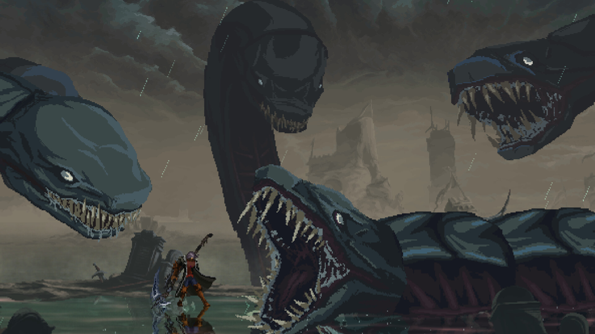 A small fighter faces a many-headed creature beneath a stormy sky.